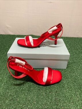 Designer Inspired Red Satin Slingback Heels size 40 (9-9.5) (OKPM-08-002)